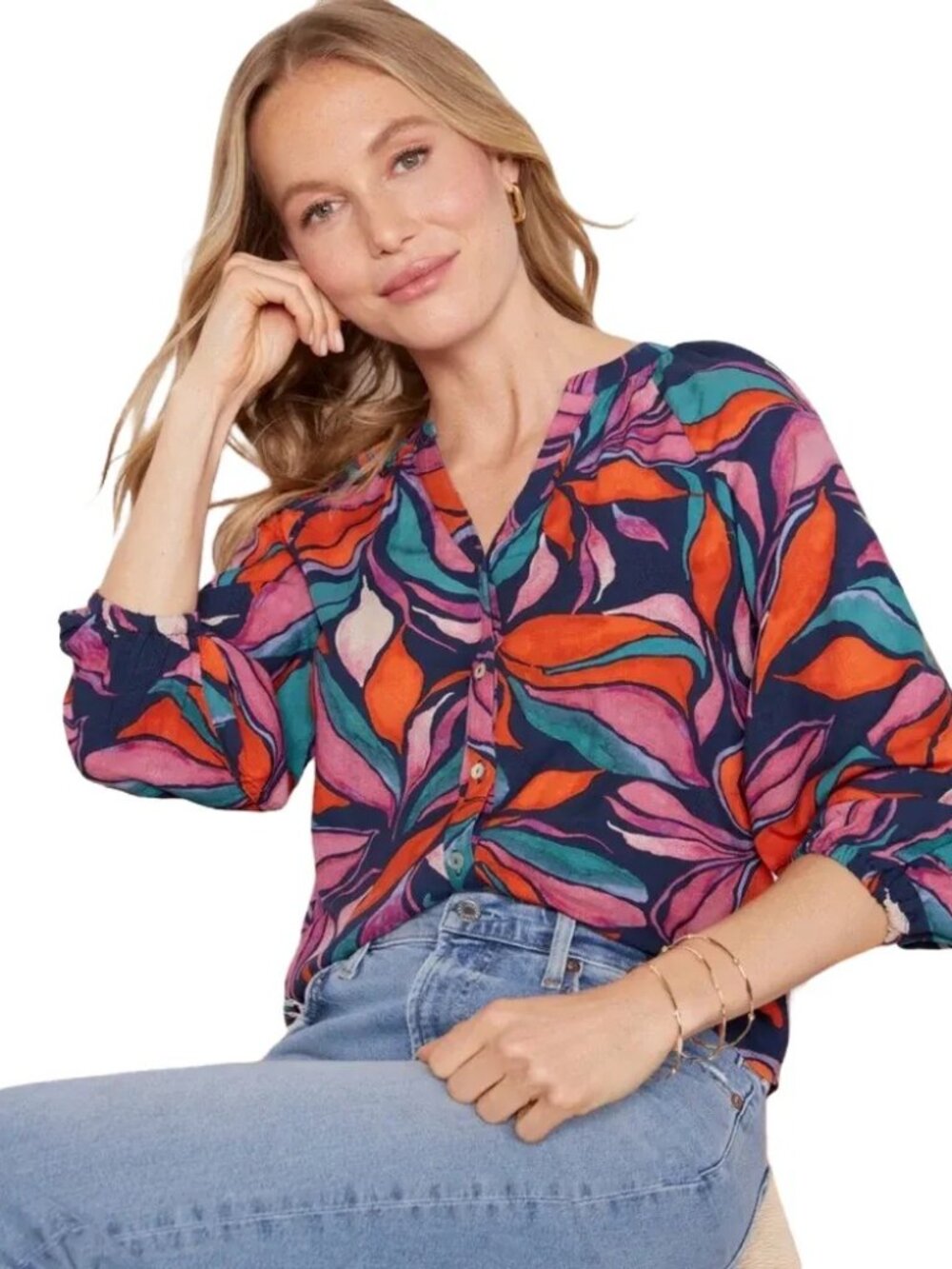NWT EVEREVE Greer Blouse Button Front Printed Shirt SZ L